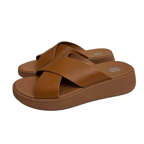 Fitflop Shoes - Fitflop Sandals Womens 8 Brown Leather Platform Criss Cross Straps Slide Shoes
